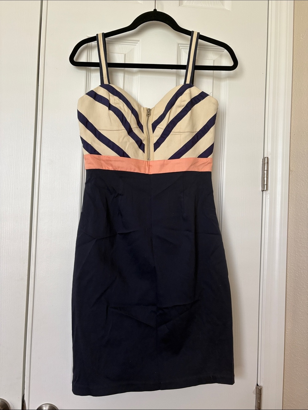 Pink Martini Navy, Cream & Coral Stripe Sweetheart Sheath Dress